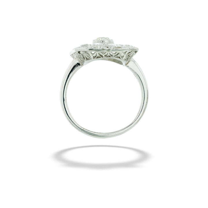 Silver ring with a diamond-like center on a white background Art Deco Diamond Filigree Ring