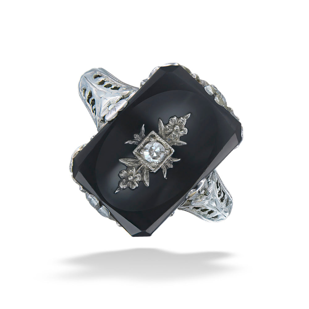 Black Onyx & Diamond Filigree Art Deco Ring