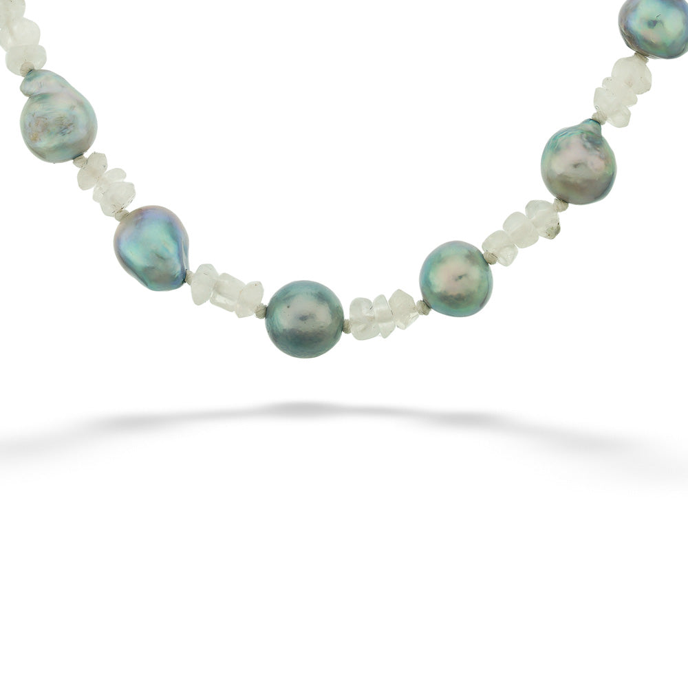  14 Karat Yellow Gold Clasp 6–6.8 Millimeter Dyed Blue Baroque Akoya Pearl and 4 Millimeter Moonstone Necklace 