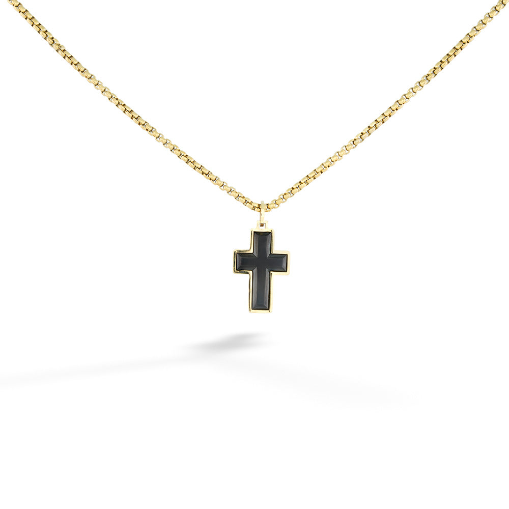 Stainless Steel Ion Plated Gold and Black Brushed Cross Necklace by Italgem