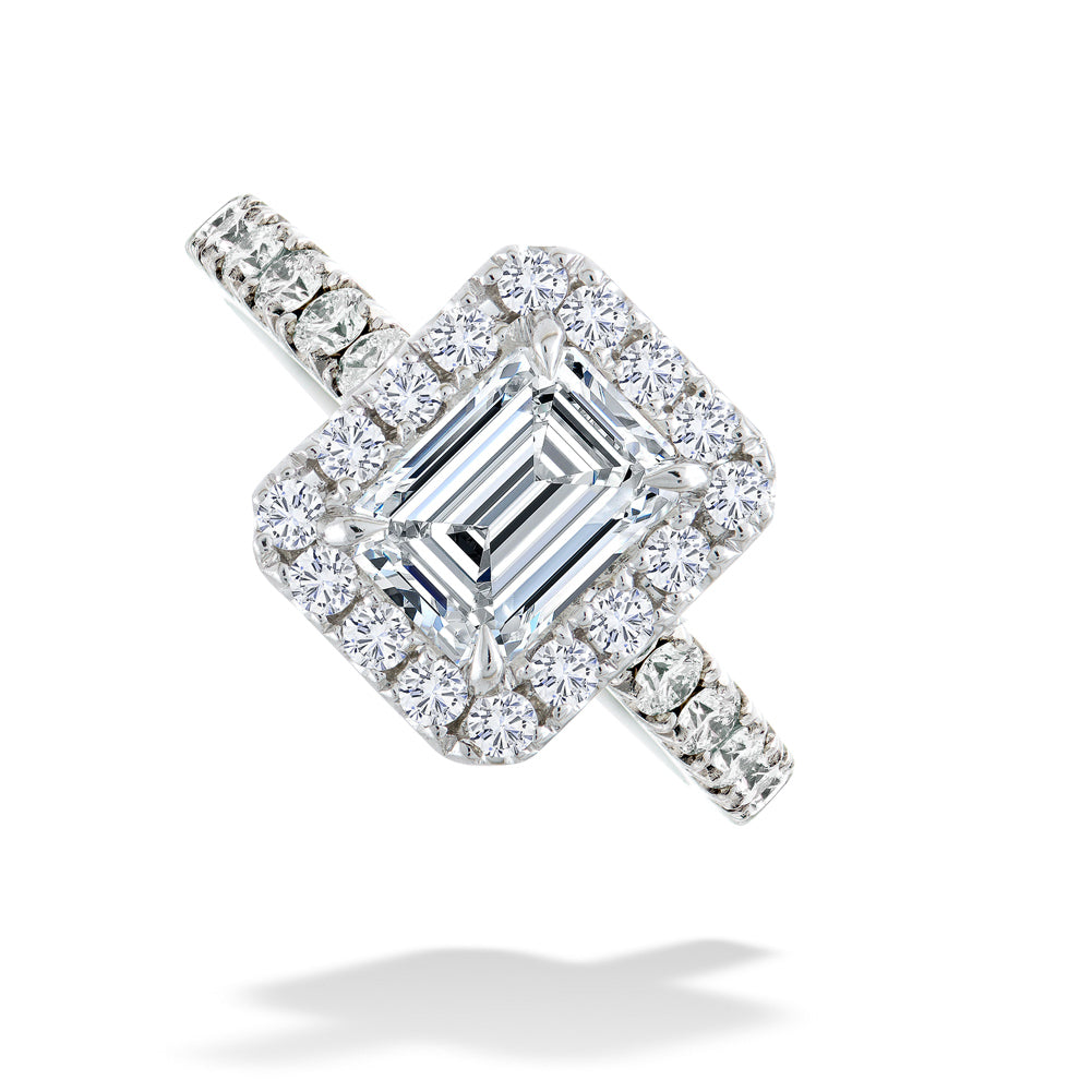 Emerald Cut Center Diamond Halo Engagement Ring