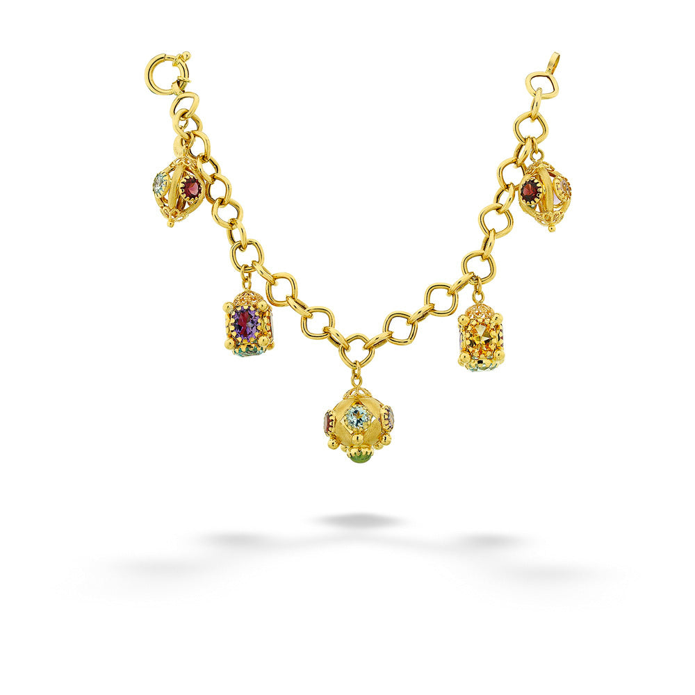 Link Bracelet with 5 Charms with Blue Topaz, Garnet, Amethyst & Citrine