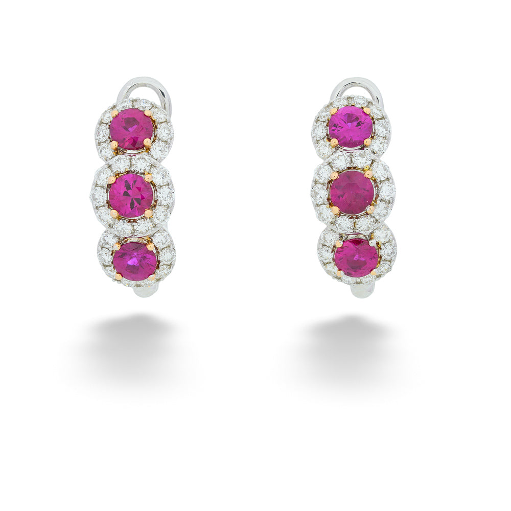 3-Stone Ruby and Diamond Huggie Earrings