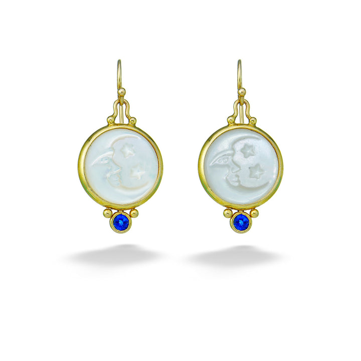 Carved Mother Of Pearl & Sapphire Earrings by Mazza