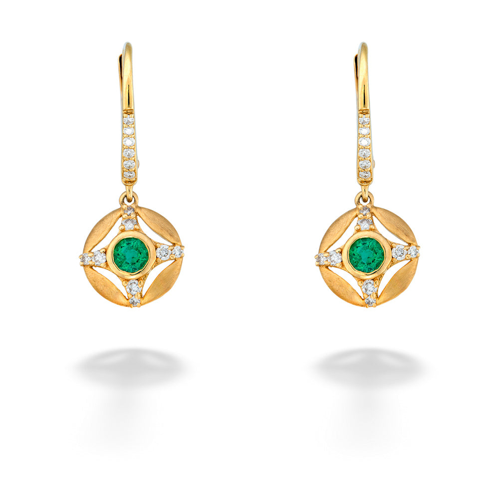 Bezel Set Emerald & Diamond Medallion Style Earrings by Parle