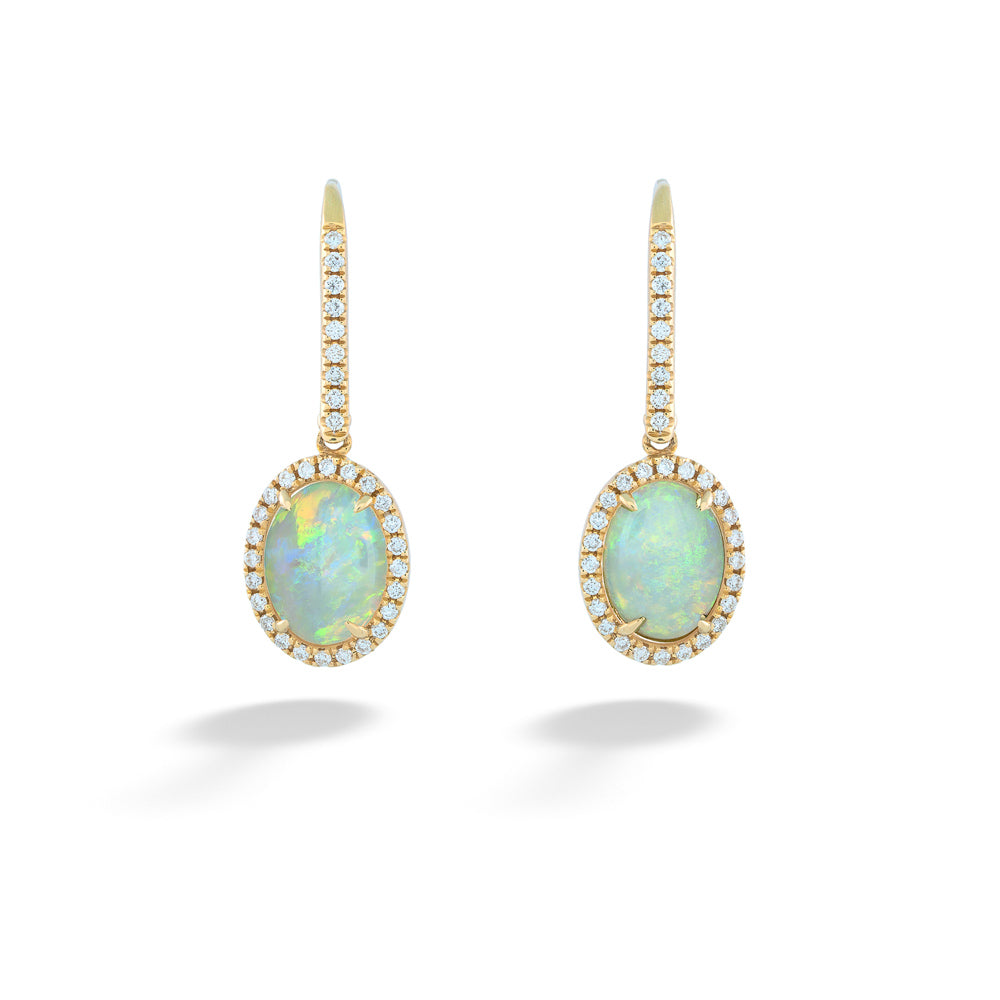 Australian Opal and Diamond Halo Dangle Earrings