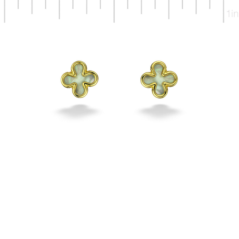 14K Yellow Gold Mother Of Pearl Clover Earrings