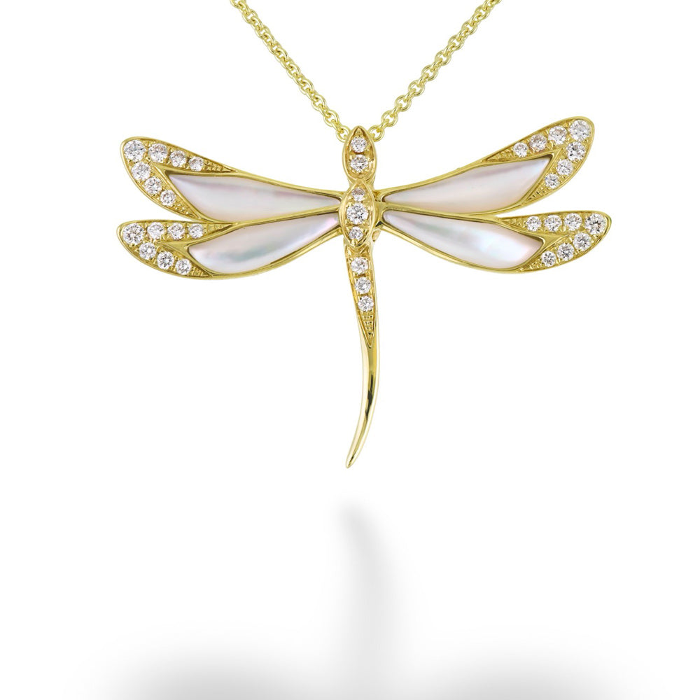 Mother of Pearl and Diamond Dragonfly Pendant & Chain