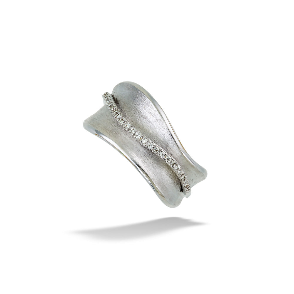 14K White Gold Tapered Wave Ring with Diamond Accents