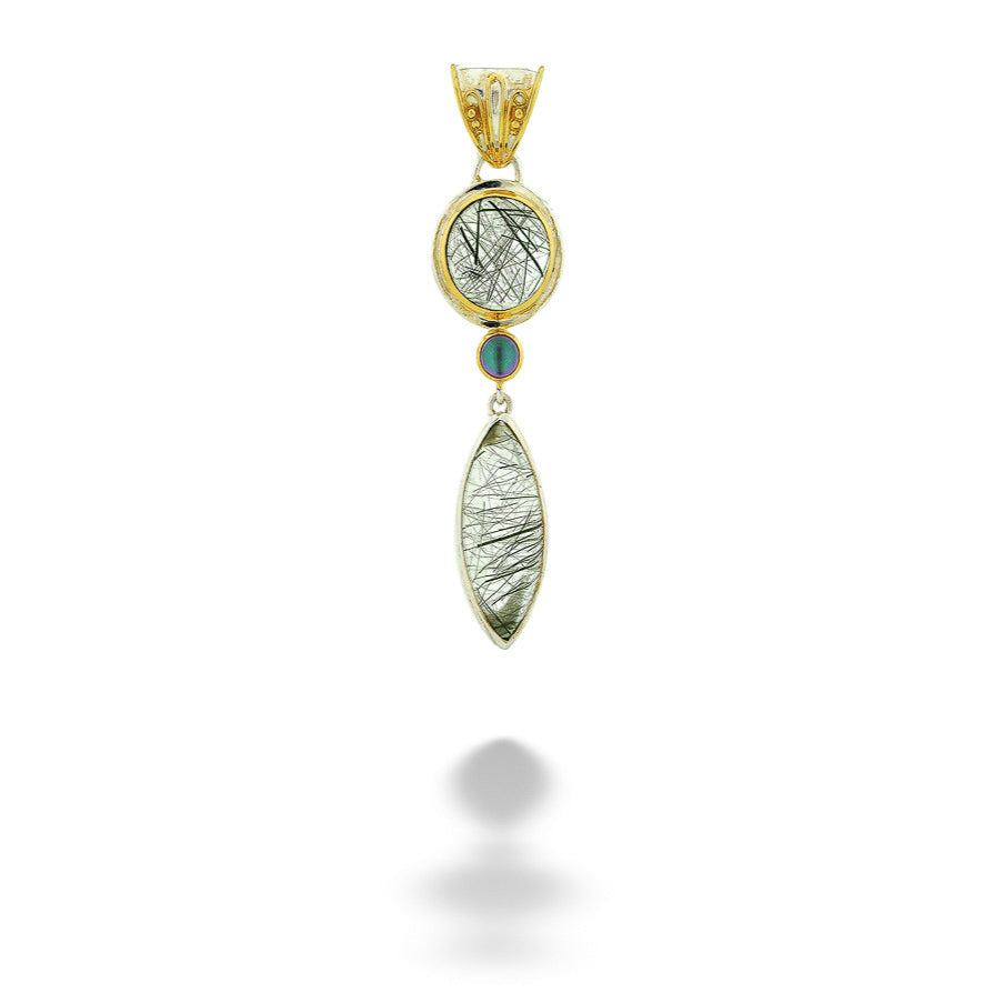 SS & 22kt Gold Vermeil Tourmalinated Quartz & Mystic Fire Quartz Pendant by Michou