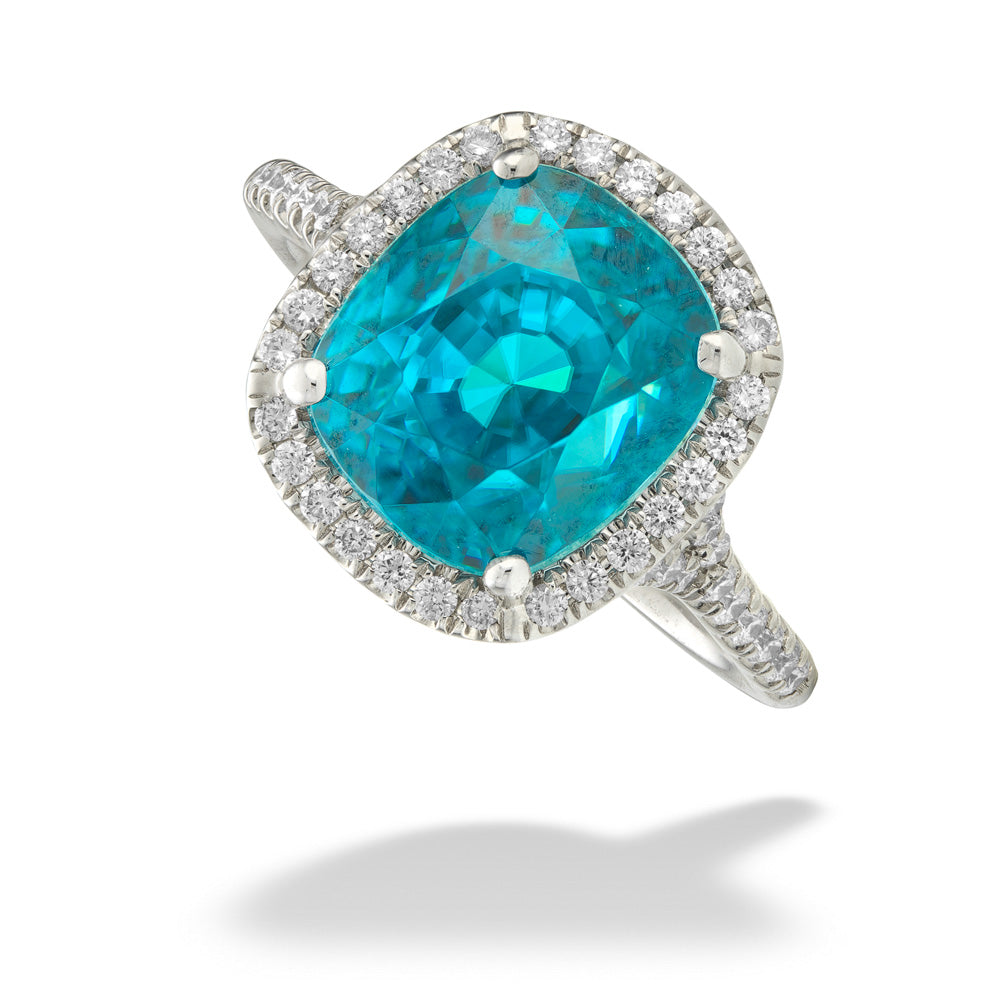 Blue Zircon & Diamond Halo Ring