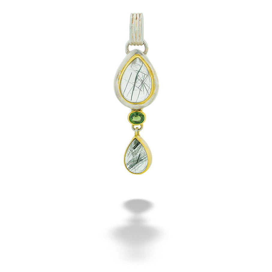 SS & 22kt Gold Vermeil Tourmalinated Quartz & Chrome Diopside Pendant by Michou