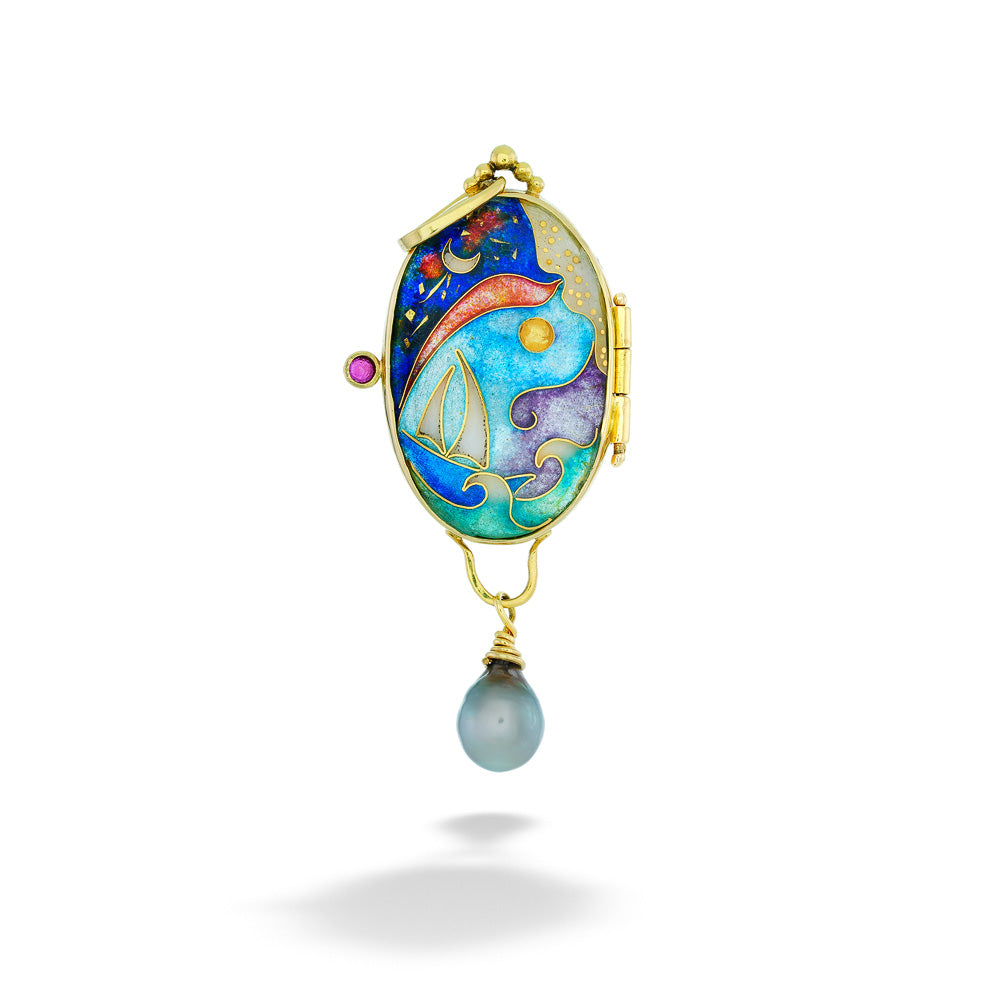 Decorative pendant with colorful design and pearl on a white background Love in Paradise Enamel Locket by Katrin Wolf