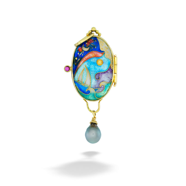 Decorative pendant with colorful design and pearl on a white background Love in Paradise Enamel Locket by Katrin Wolf