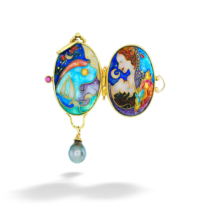 Decorative jewelry box with colorful designs and a pearl pendant on a white background Love in Paradise Enamel Locket by Katrin Wolf