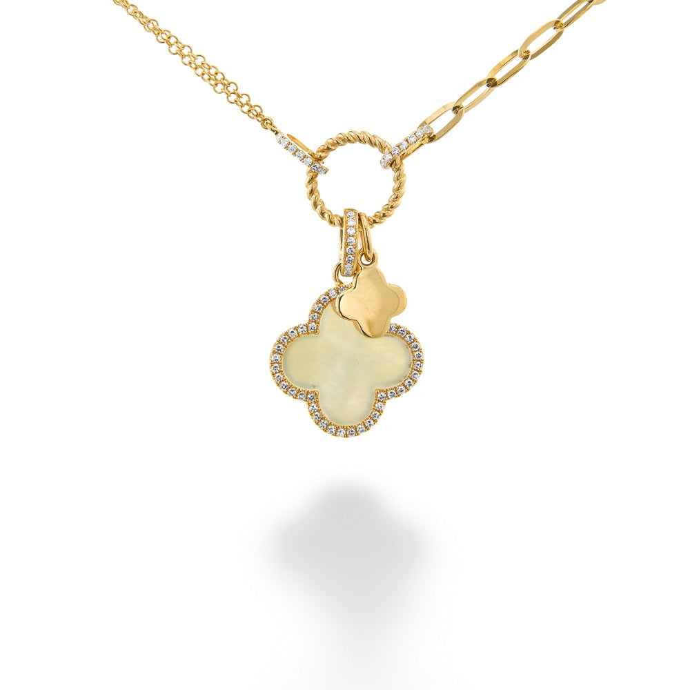 Mother Of Pearl Clover & Diamond Paperclip Link Necklace by Shy Creation