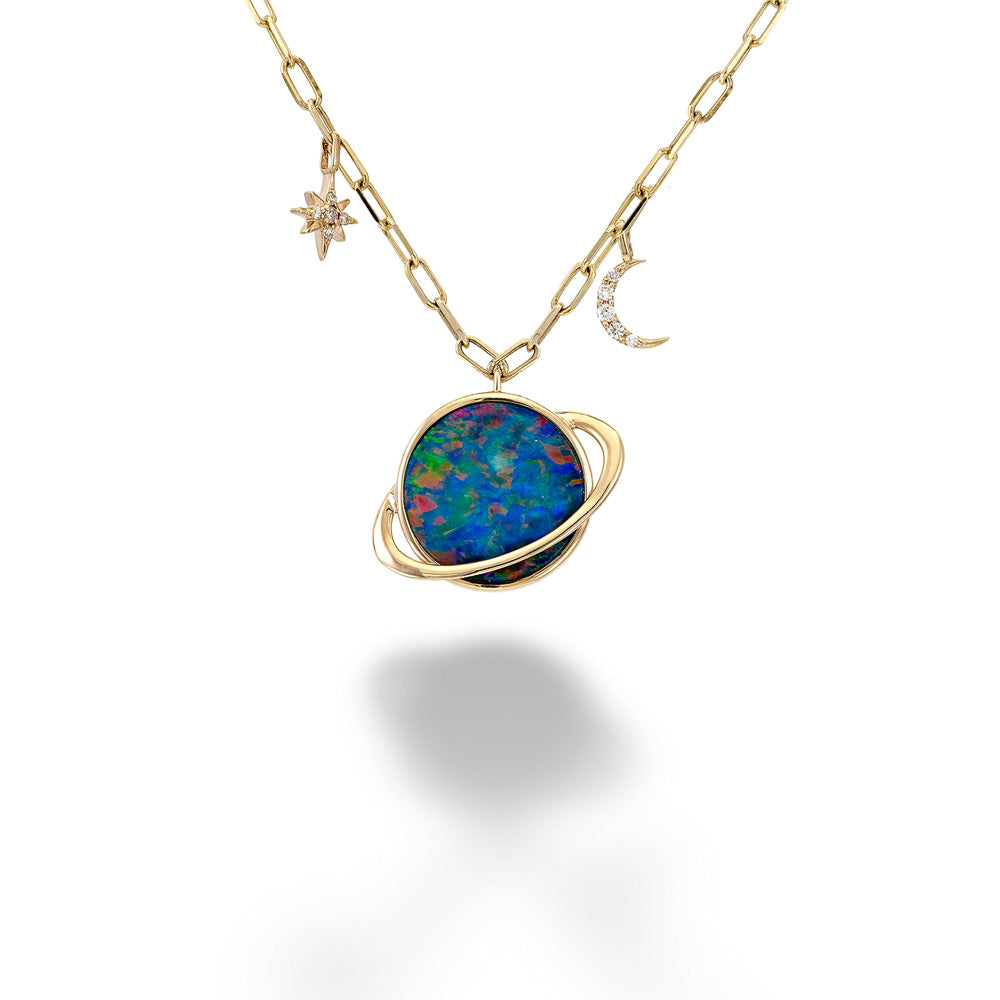 Opal & Diamond Saturn, Crescent Moon & Star Necklace