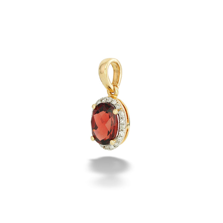 Oval Garnet with Diamond Halo Pendant angled to the right exposing left side of the pendant
