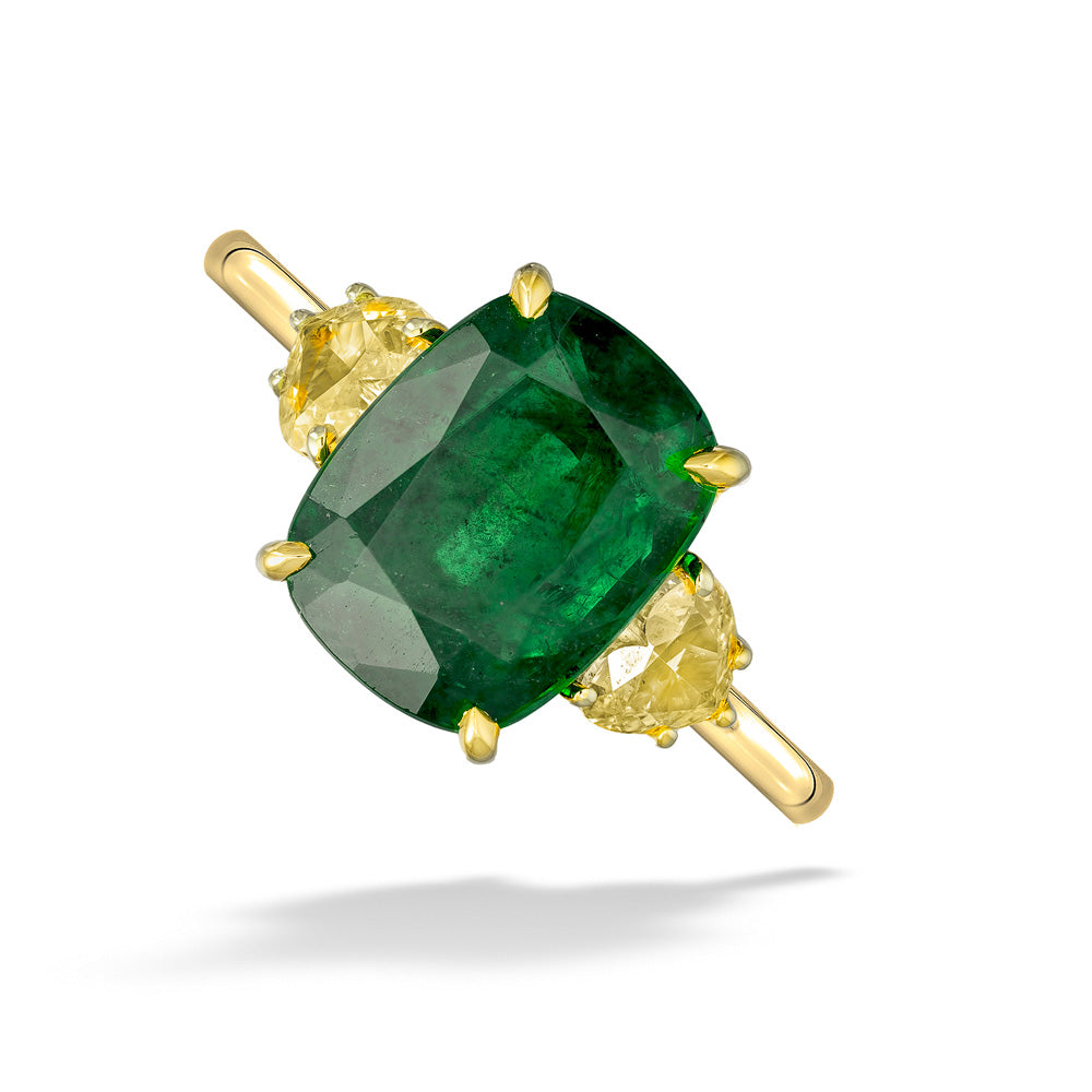 7.55ct Cushion Cut Zambian Emerald & Yellow Diamond Ring