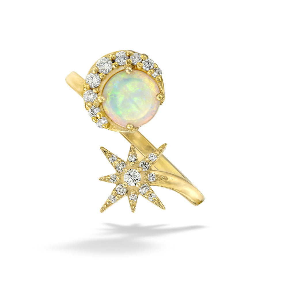 Opal & Diamond Moon & Star Bypass Ring by Parle