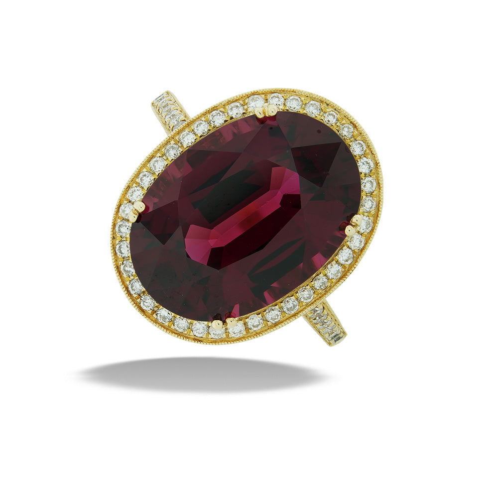 14K Yellow Gold Rhodolite Garnet Halo Ring