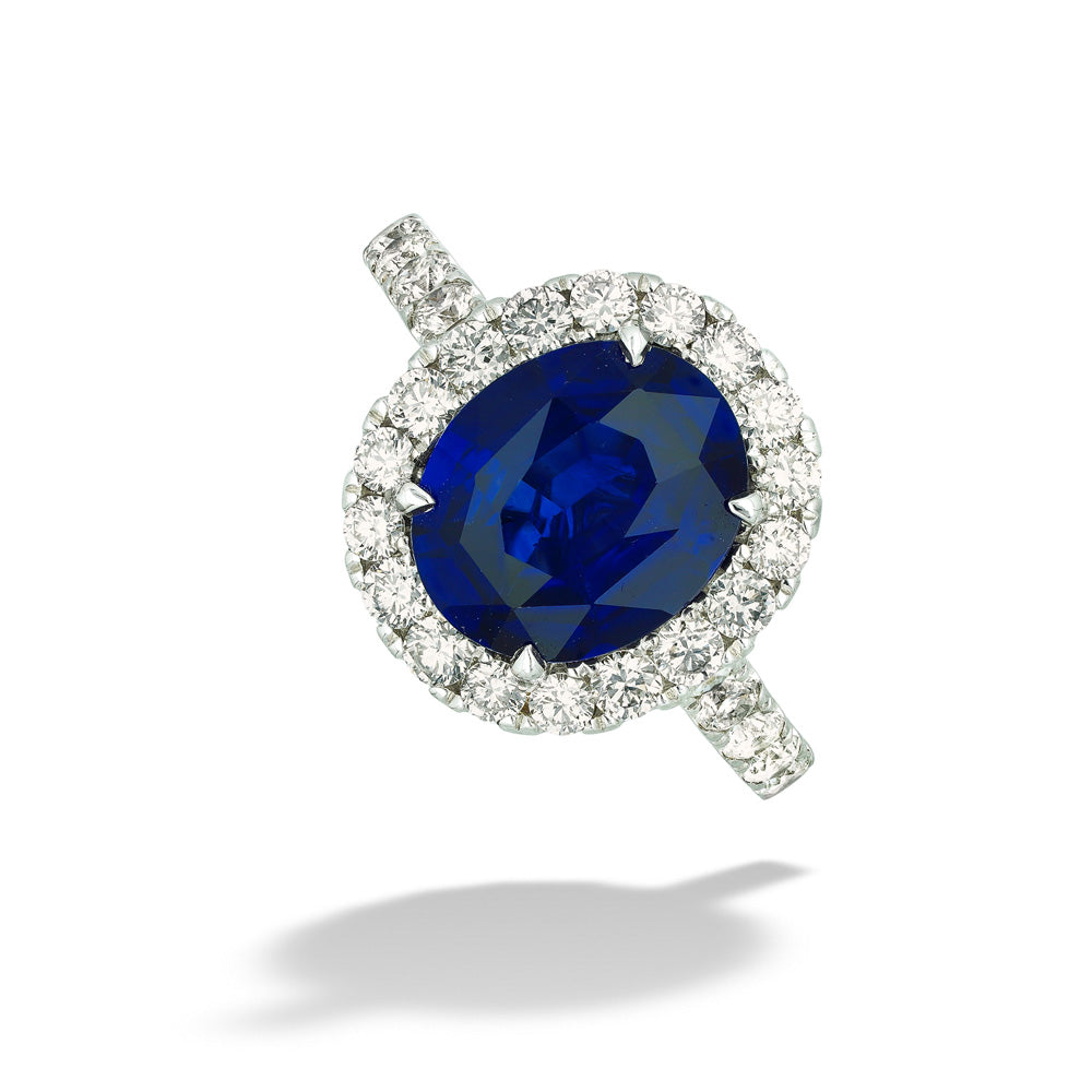 Blue Sapphire and Diamond Halo Ring