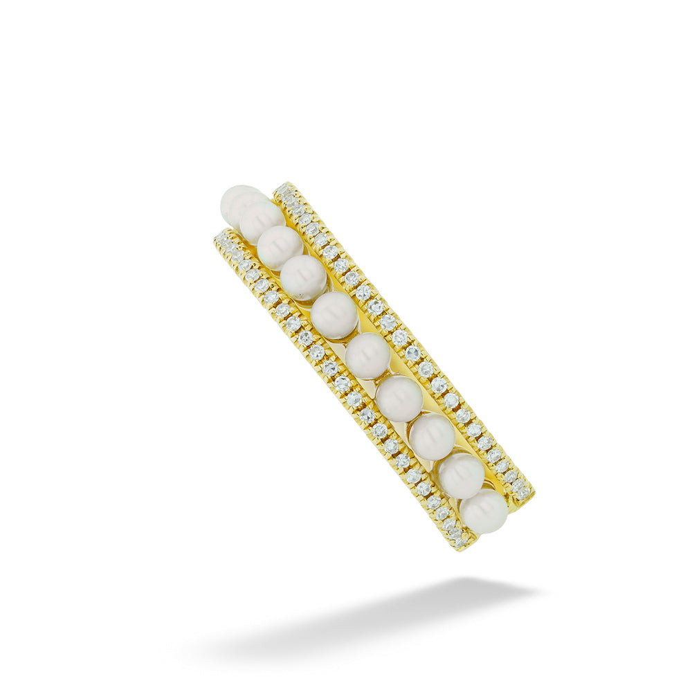 Gold ring with white beads and clear stones on a white background 14K Gold Pearls and Diamond Ring by Shy Creation