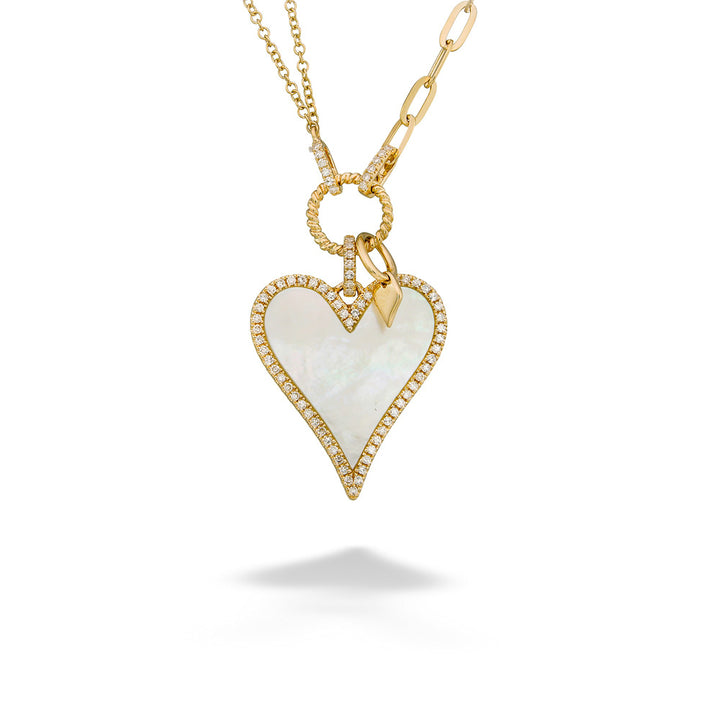 Mother Of Pearl & Diamond Heart Pendant & Paperclip Chain by Shy Creation