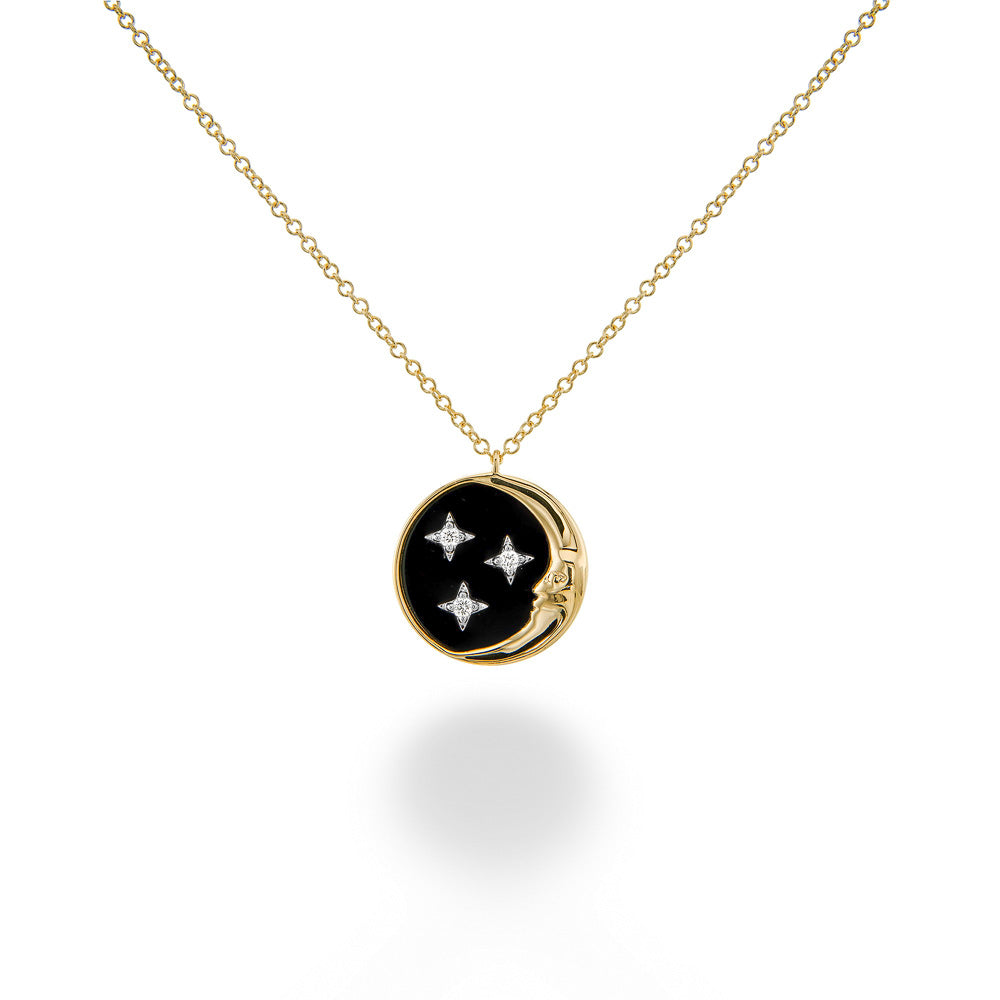 Black Onyx & Diamond Crescent Moon & Stars Necklace by Shy Creation