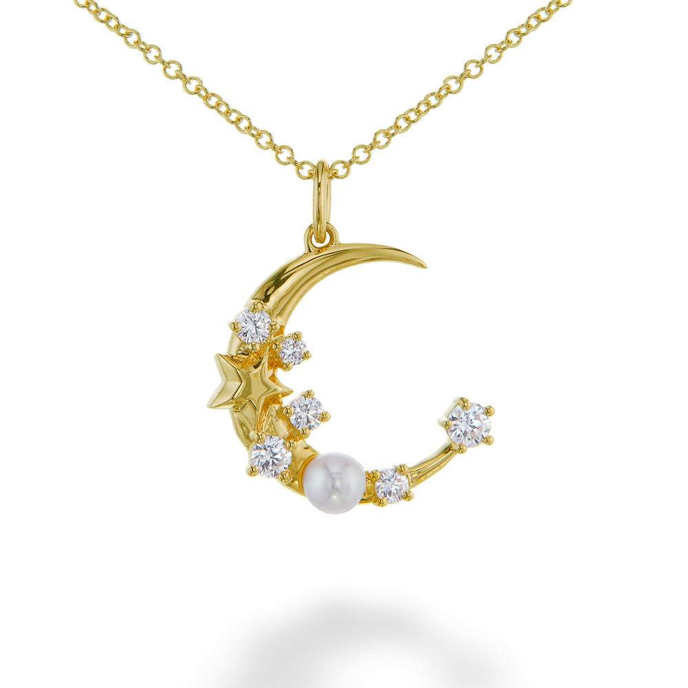 Pearl & Diamond Stars and Moon Pendant & Chain by Shy Creation