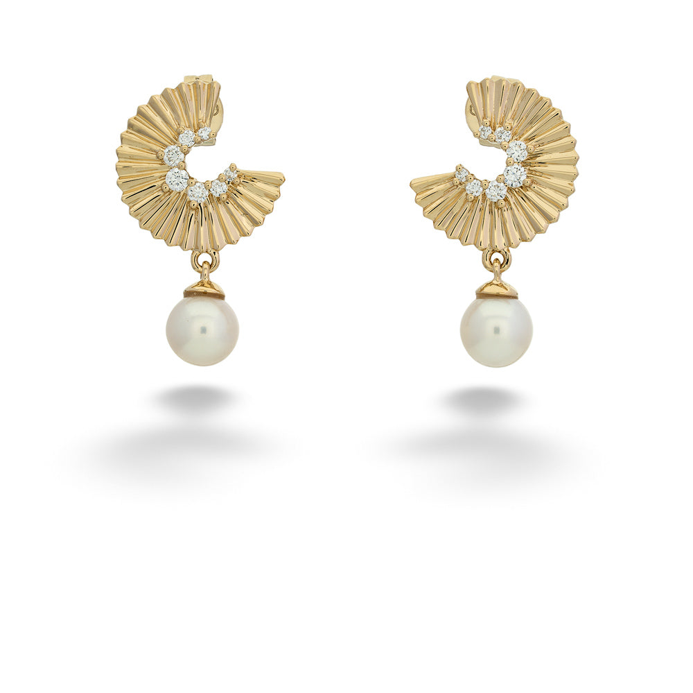 Diamond and Pearl Ribbed Earrings by Shy Creation