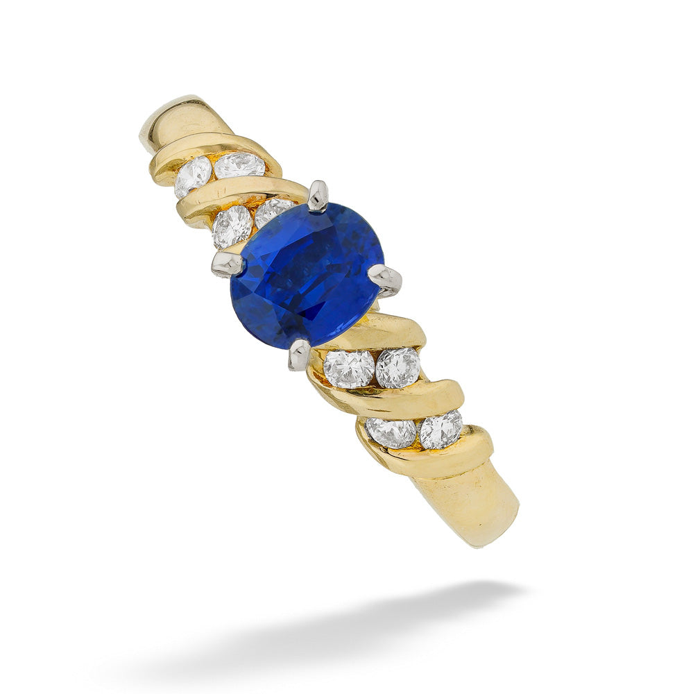 14K Yellow Gold Blue Sapphire and Diamond Ring