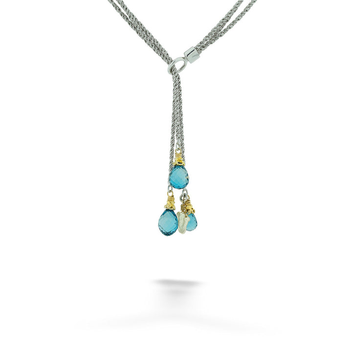 Mixed Metals Blue Topaz and Pearl Lariat Necklace by Anatoli