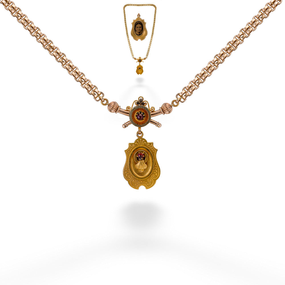 Victorian Gold-Filled Necklace with Red Stones and Photo Locket