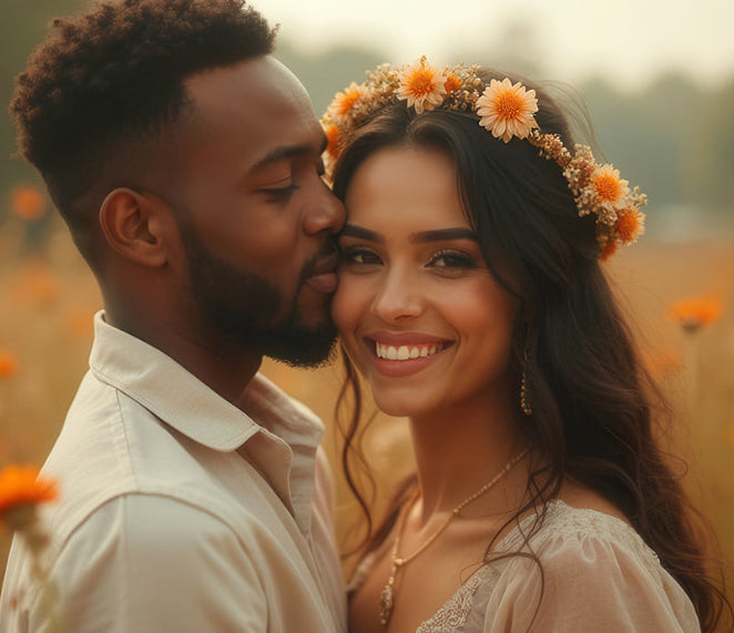 Smiling, happy couple embracing outdoors