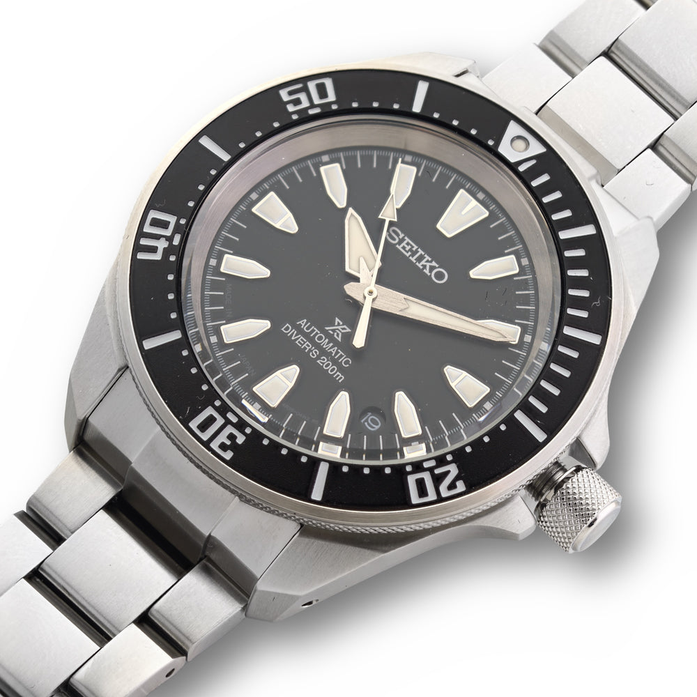 Seiko watch with black dial and silver metal strap on a white background 41.7mm Black Dial Prospex Diver Automatic Watch by Seiko