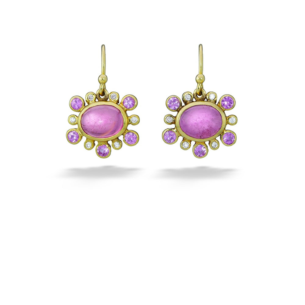 Cabochon and Faceted Pink Tourmaline & Diamond Earrings by Mazza