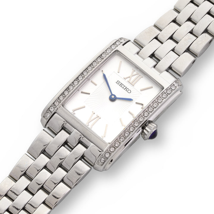 Silver Seiko watch with a rectangular face on a white background Rectangular Movement Women's Watch by Seiko.