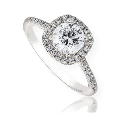 This beautiful engagement ring set with sparkling round diamonds shines from every angle. Bring the piece to life with the 1 ct center stone of your choice. 14K White Gold 1.00ct Round Center CZ 0.18tdw G-H SI2 Diamond Cushion Halo Fishtail Semi-Mount