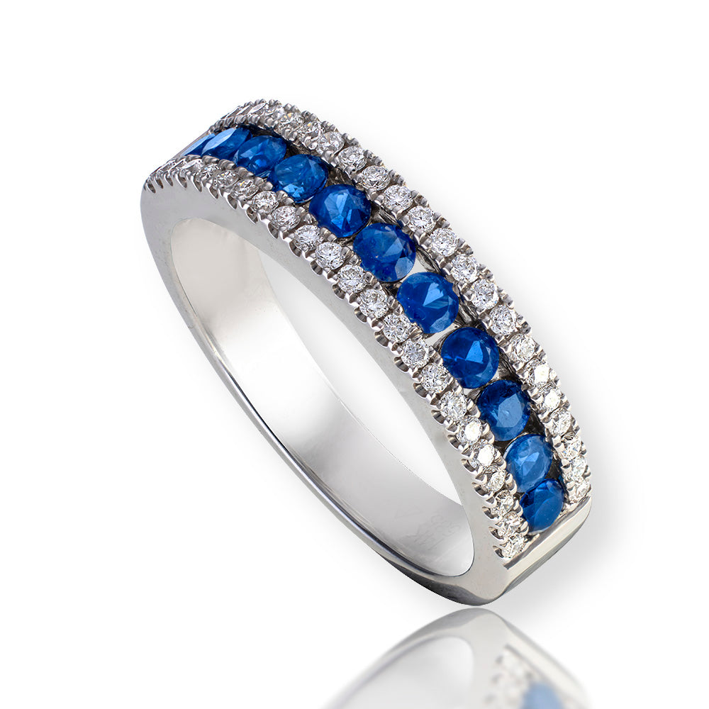 Round Cut Blue Sapphire Channel Set Three Row Ring