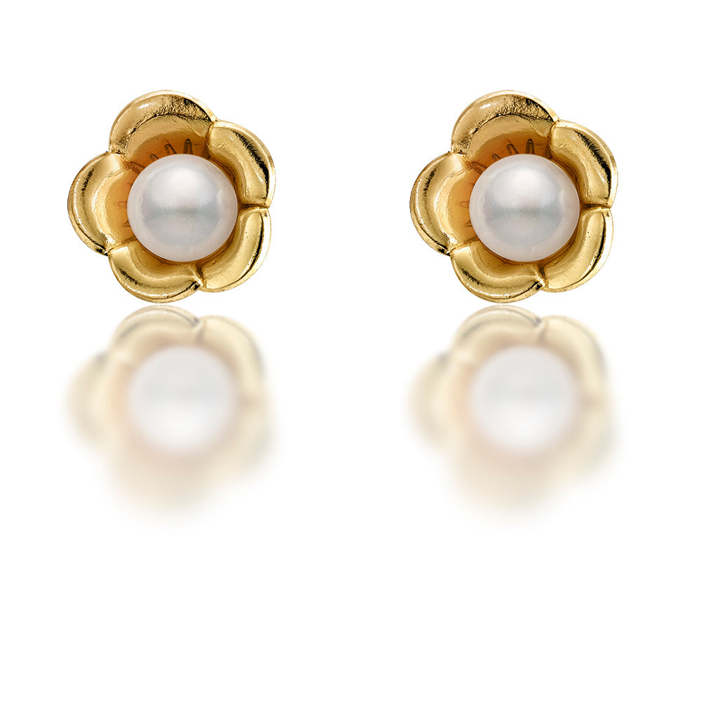 Yellow Gold Pearl Flower Post Earrings