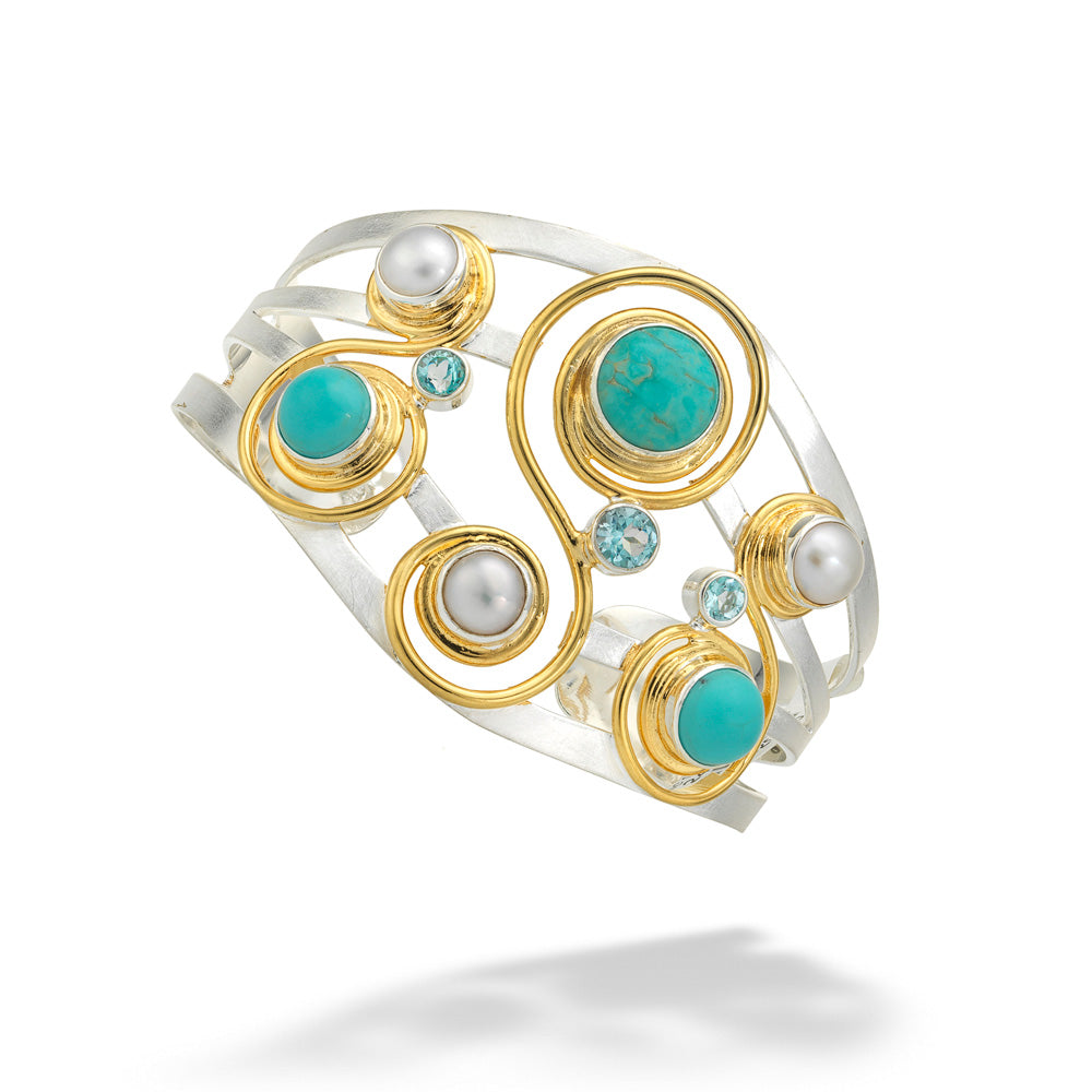 Turquoise, Pearl and Blue Topaz Cuff by Michou