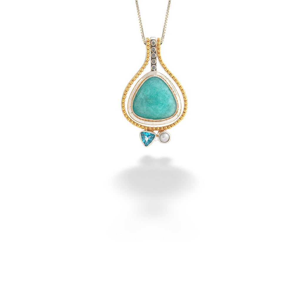 Amazonite, Blue Topaz & Pearl Pendant with Chain by Michou