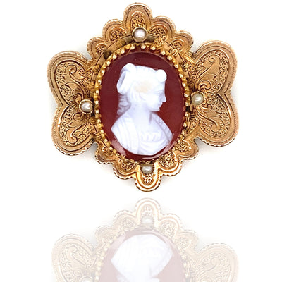 Victorian Agate Carnelian Agate Cameo with Seed Pearls